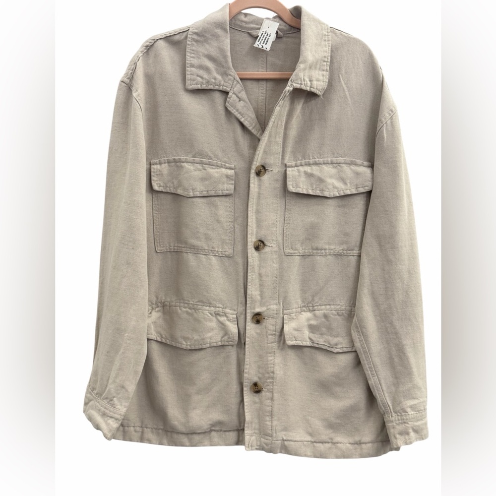 H&M Linen Blend Chore Jacket Tan Oversized Utility Lightweight Spring Summer L